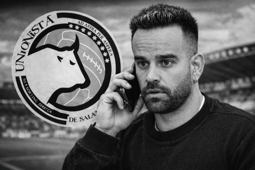 Primer plano de Antonio Paz (Director Deportivo) hablando por teléfono con gesto serio, con el escudo de Unionistas y un fondo desenfocado del estadio Anxo Carro de Lugo