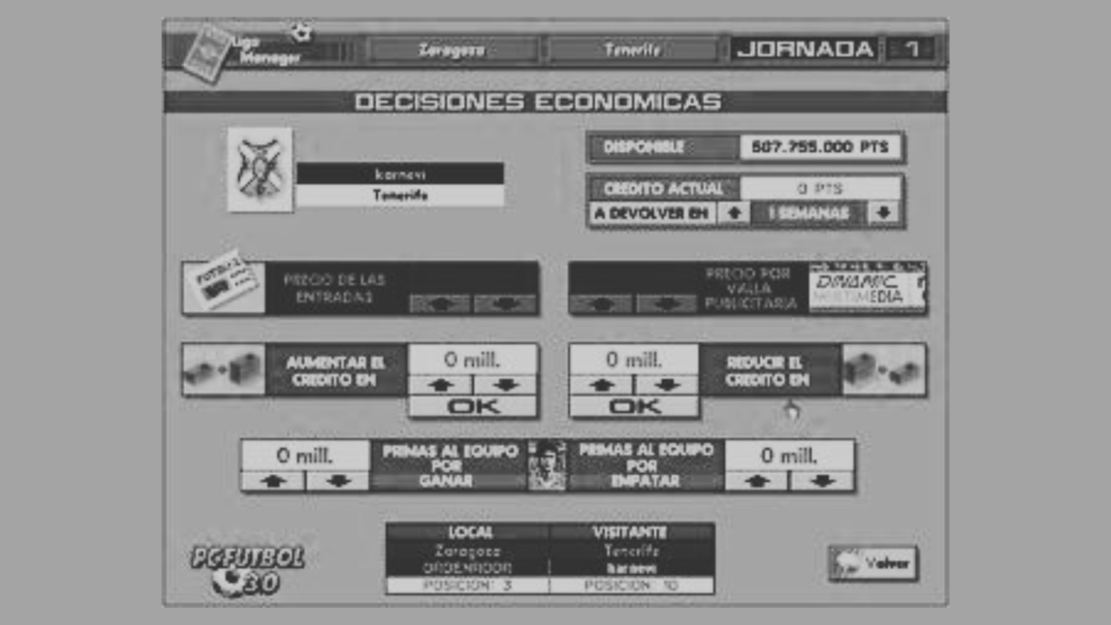 Captura de pantalla del videojuego PC Fútbol 3.0, símbolo de la infancia y vocación de Rubén Andrés.