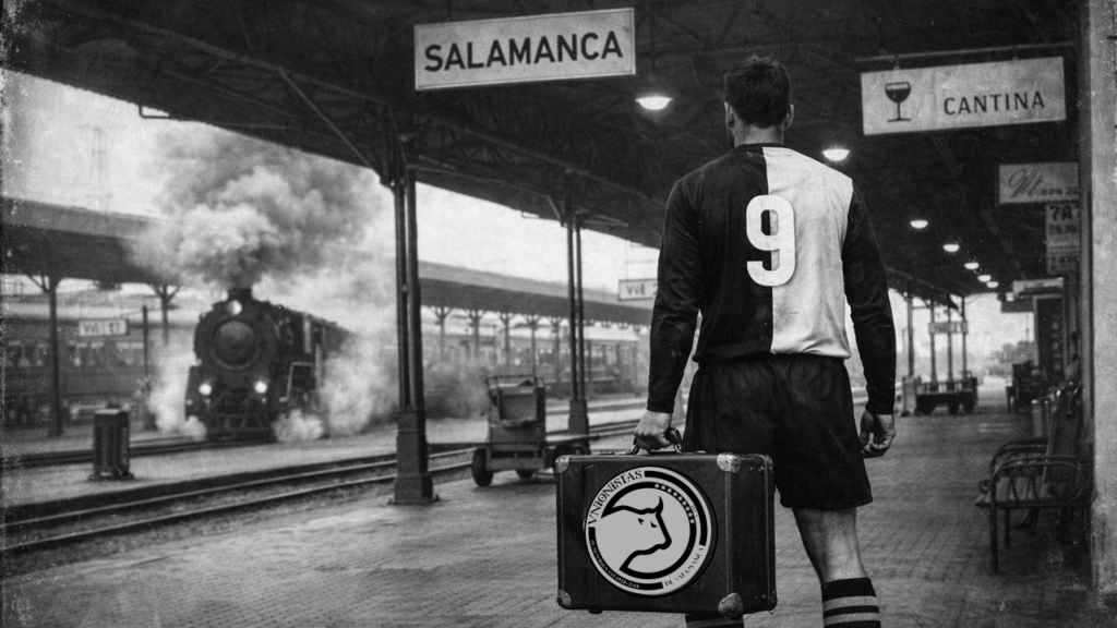 Un jugador espera en la estación de Salamanca con la maleta con el escudo de Unionistas