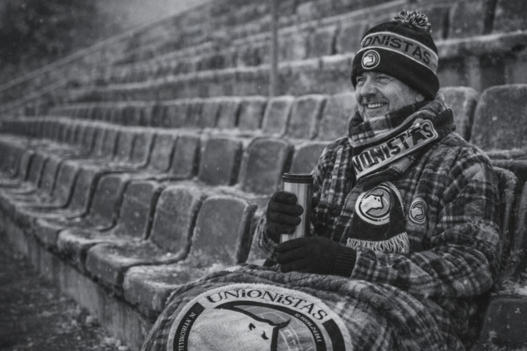 Composición creativa que representa el frío en el Reina Sofía con elementos de ropa de invierno y el escudo de Unionistas.
