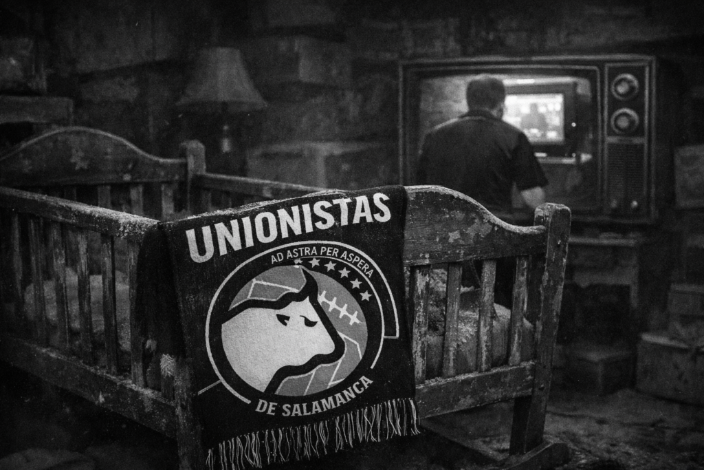 Una cuna de bebé antigua con una bufanda de Unionistas de Salamanca, representando la metáfora de las ventas de invierno.