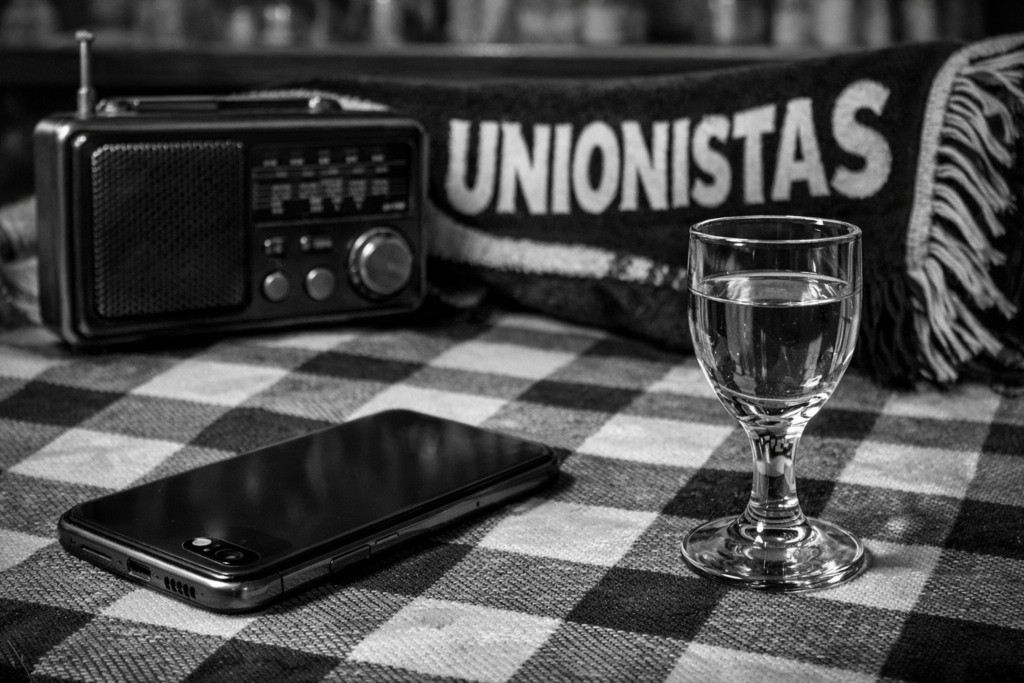 Sobremesa con copa de licor y móvil, representando la desconexión durante el partido del Unionistas.