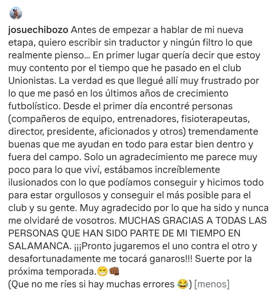 Texto de despedida de Unionistas publicado por Chibozo en sus redes sociales